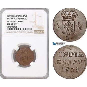AF397, Netherlands East Indies, Batavian Rep. 1 Duit 1808, Holland Arms, NGC AU58BN