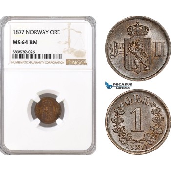 AF399, Norway, Oscar II, 1 Øre 1877, Kongsberg, NGC MS64BN, Top Pop!