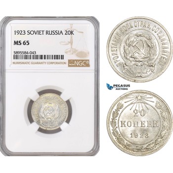 AF409-R, Russia, Soviet, 20 Kopeks 1923, Leningrad, Silver, NGC MS65