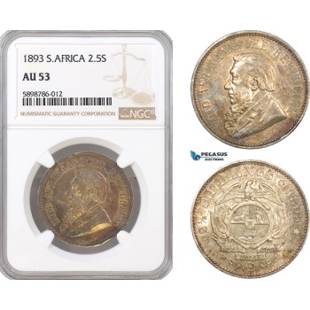 AF411, South Africa (ZAR) 2 1/2 Shillings 1893, Pretoria, Silver, NGC AU53
