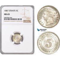 AF413-R, Straits Settlements, Victoria, 5 Cents 1887, Silver, NGC MS65, Pop 2/0