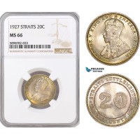 AF415, Straits Settlements, George V, 20 Cents 1927, Silver, NGC MS66