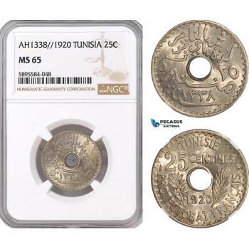 AF418-R, Tunisia, French Protectorate, 25 Centimes AH1338 / 1920, Paris, NGC MS65