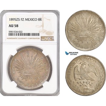 AF441, Mexico, 8 Reales 1895 Zs FZ, Zacatecas, Silver, NGC AU58