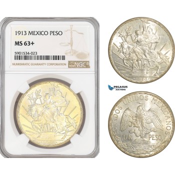 AF442, Mexico, Caballito Peso 1913, Silver, NGC MS63+