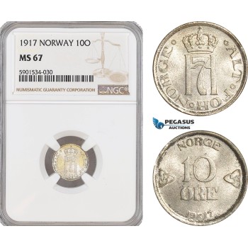 AF446, Norway, Haakon VII, 10 Øre 1917, Kongsberg, Silver, NGC MS67, Pop 1/0