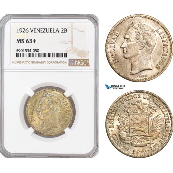 AF459, Venezuela, 2 Bolivares 1926, Philadelphia, Silver, NGC MS63+, Pop 1/1, Rare Grade!