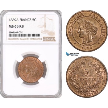 AF467, France, Third Republic, 5 Centimes 1889-A, Paris, NGC MS65RB