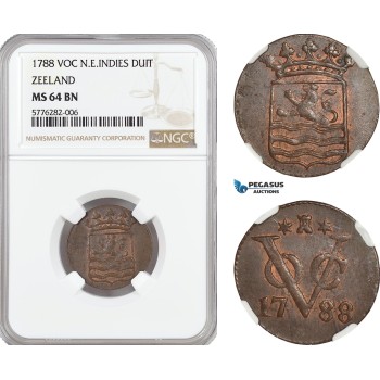 AF482, Netherlands East Indies, VOC, 1 Duit 1788, Zeeland Arms, NGC MS64BN