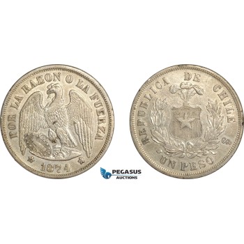 AF493, Chile, Peso 1874 So, Santiago, Silver, Cleaned XF-AU