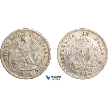 AF494, Chile, Peso 1875 So, Santiago, Silver, Cleaned XF-AU