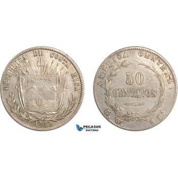 AF497, Costa Rica, 50 Centavos 1890 GW, Silver, aXF
