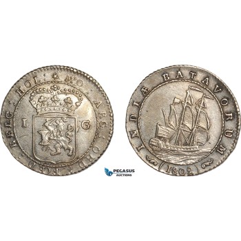 AF518, Netherlands East Indies, Batavian Republic, Gulden 1802, Silver, Cleaned AU