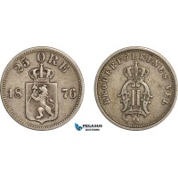 AF522, Norway, Oscar II, 25 Øre 1876, Kongsberg, Silver, aVF