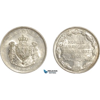 AF525-R, Norway, Haakon VII, 2 Kroner 1907, Kongsberg, Independence, Lightly cleaned UNC