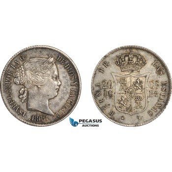 AF526, Philippines, Spanish Administration, Isabel II, 20 Centimos 1868, Silver, Toned AU