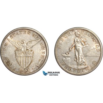 AF528, Philippines, US Administration, 50 Centavos 1904-S, San Francisco, Silver, Cleaned AU
