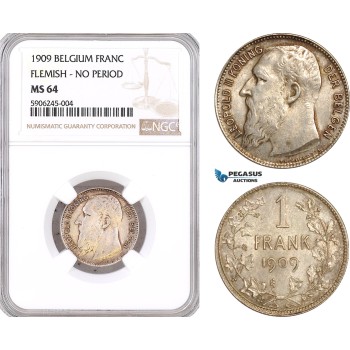 AF549, Belgium, Leopold II, 1 Franc 1909, Silver, Flemish, No Period, NGC MS64, Pop 1/1