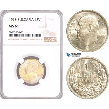 AF551, Bulgaria, Ferdinand, 1 Lev 1913, Vienna, Silver, NGC MS61