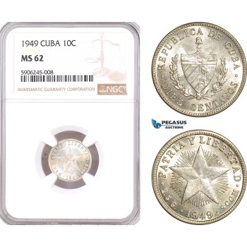 AF558, Cuba, 10 Centavos 1949, Philadelphia, Silver, NGC MS62