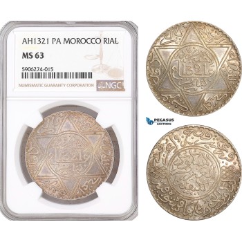 AF581, Morocco, Abd al-Aziz, 1 Rial AH1321-Pa, Paris, Silver, NGC MS63