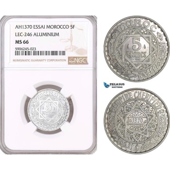 AF582, Morocco, Mohammed V, Essai 5 Francs AH1370, Lec-246 Aluminum, NGC MS66