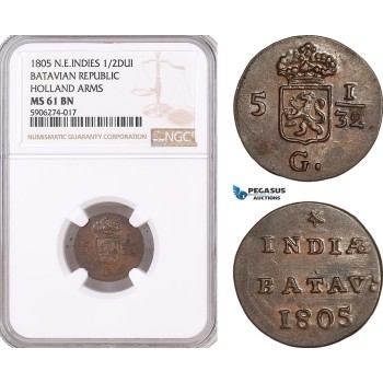 AF586, Netherlands East Indies, Batavian Republic, 1/2 Duit 1805, Holland Arms, NGC MS61BN