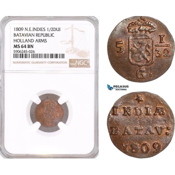 AF587, Netherlands East Indies, Batavian Republic, 1/2 Duit 1809, Holland Arms, NGC MS64BN