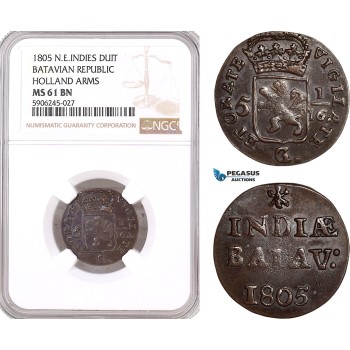 AF588, Netherlands East Indies, Batavian Republic, Duit 1805, Holland Arms, NGC MS61BN, Pop 1/0