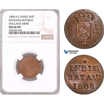 AF589, Netherlands East Indies, Batavian Republic, Duit 1808, Holland Arms, NGC MS66BN, Pop 1/0