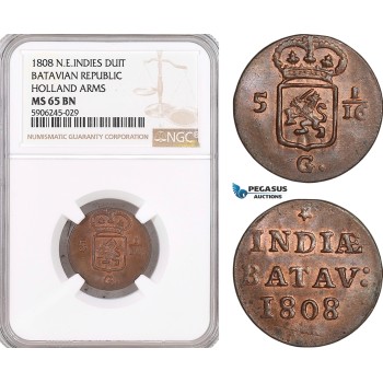 AF590, Netherlands East Indies, Batavian Republic, Duit 1808, Holland Arms, NGC MS65BN