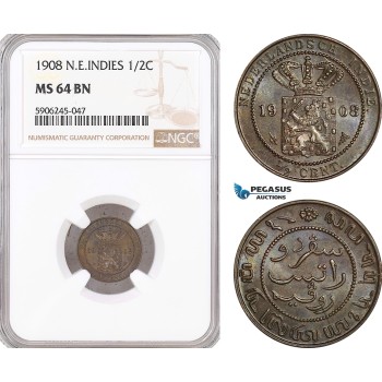 AF596, Netherlands East Indies, 1/2 Cent 1908, Utrecht, NGC MS64BN