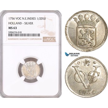 AF598, Netherlands East Indies, VOC, 1/2 Duit 1756, Silver, Holland Arms, NGC MS63