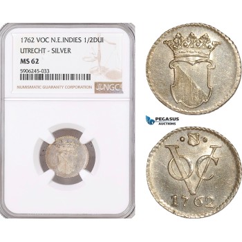 AF599, Netherlands East Indies, VOC, 1/2 Duit 1762, Silver, Utrecht Arms, NGC MS62