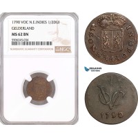 AF600, Netherlands East Indies, VOC, 1/2 Duit 1790, Gelderland Arms, NGC MS62BN AF600, Netherlands East Indies, VOC, 1/2 Duit 1790, Gelderland Arms, NGC MS62BN