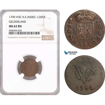 AF600, Netherlands East Indies, VOC, 1/2 Duit 1790, Gelderland Arms, NGC MS62BN