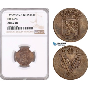 AF601, Netherlands East Indies, VOC, Duit 1735, Holland Arms, NGC AU50BN