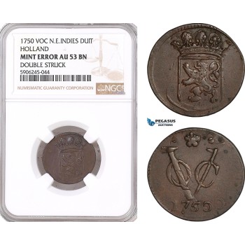 AF602, Netherlands East Indies, VOC, Duit 1750, Holland Arms, NGC AU53BN, Mint Error