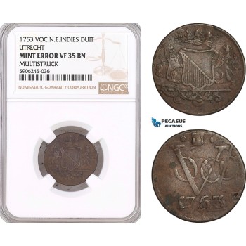 AF604, Netherlands East Indies, VOC, Duit 1753, Utrecht Arms, NGC VF35BN, Mint Error