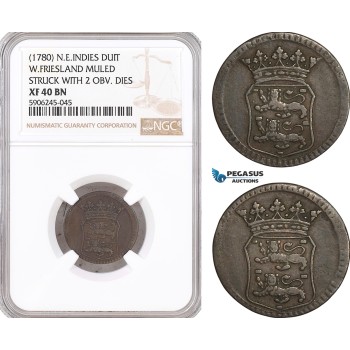 AF608, Netherlands East Indies, VOC, Duit (1780) West Friesland Arms, NGC XF40BN, Mint Error, Mule, Rare!