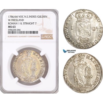 AF615, Netherlands East Indies, VOC, Gulden 1786/64, Silver, West Friesland Arms, Roman 1 & Straight 7, NGC MS63, Pop 1/0