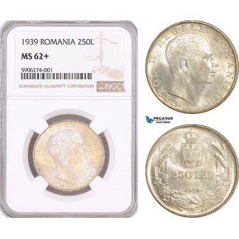 AF622, Romania, Carol II, 250 Lei 1939, Silver, NGC MS62+