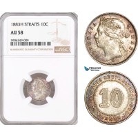 AF640, Straits Settlements, Victoria, 10 Cents 1883-H, Heaton, Silver, NGC AU58, Pop 1/0, Visible overdate, Extremely Rare!