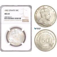 AF641, Straits Settlements, Edward VII, 50 Cents 1902, Silver, NGC MS64, Top Pop! Very Rare!
