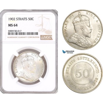 AF641, Straits Settlements, Edward VII, 50 Cents 1902, Silver, NGC MS64, Top Pop! Very Rare!