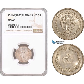 AF643, Thailand, Rama V, 5 Satang RS 116 (1897) -H, Heaton, NGC MS63