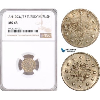 AF645, Ottoman Empire, Turkey, Abdülhamid II, 1 Kurush AH1293/27, Silver, NGC MS63