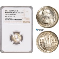 AF646, Australia, Elisabeth II, Threepence (3p) 1964, Silver, NGC UNC Det., Mint Error!