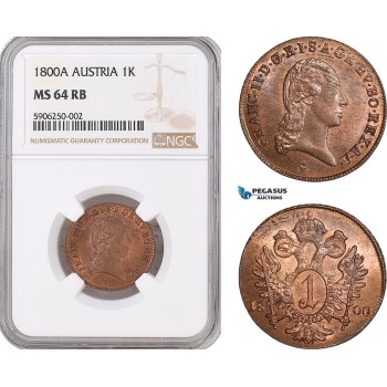 AF647, Austria, Franz II, 1 Kreuzer 1800-A, Vienna, NGC MS64RB, Pop 1/1