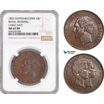 AF652, Belgium, Leopold I, 10 Centimes 1853, Copper, Royal Wedding, Large date, NGC MS62BN